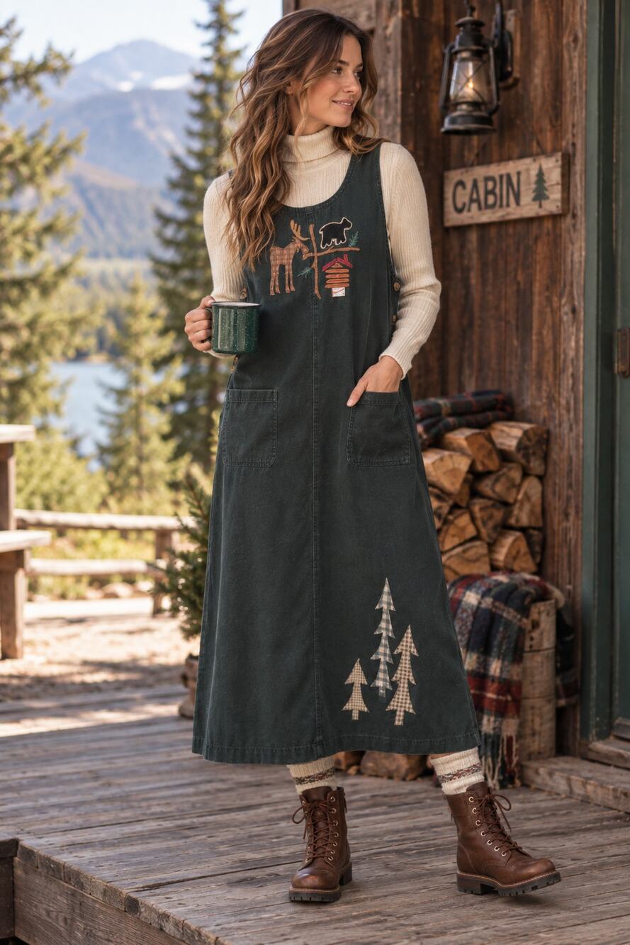 Vintage 90s Beverly's Woodland Jumper Dress Large/XL Moose Bear Cabin USA